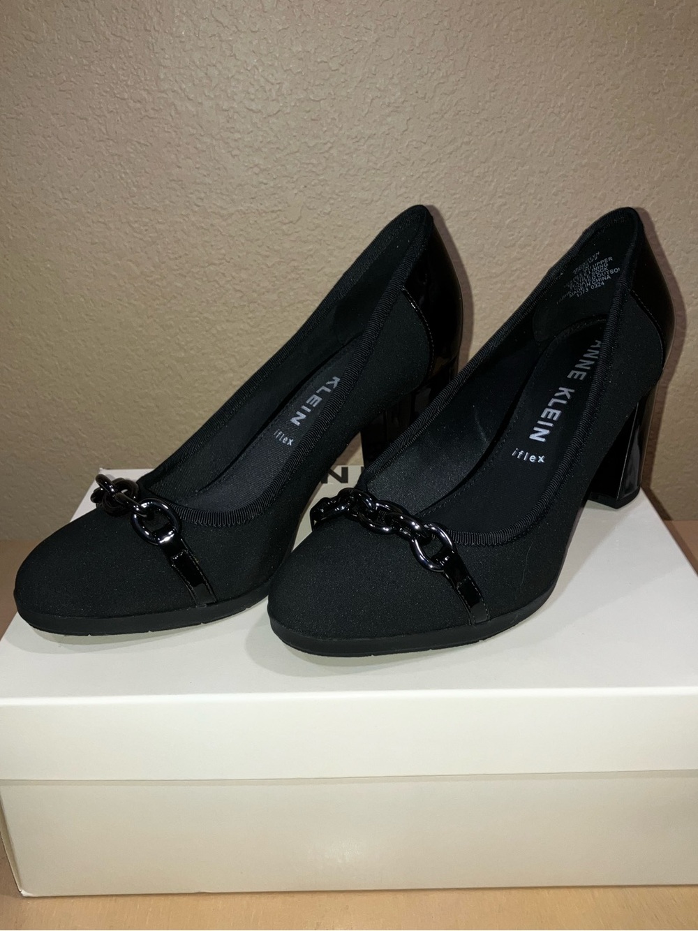 Anne Klein Black Chain-Trim Block Heel Pumps